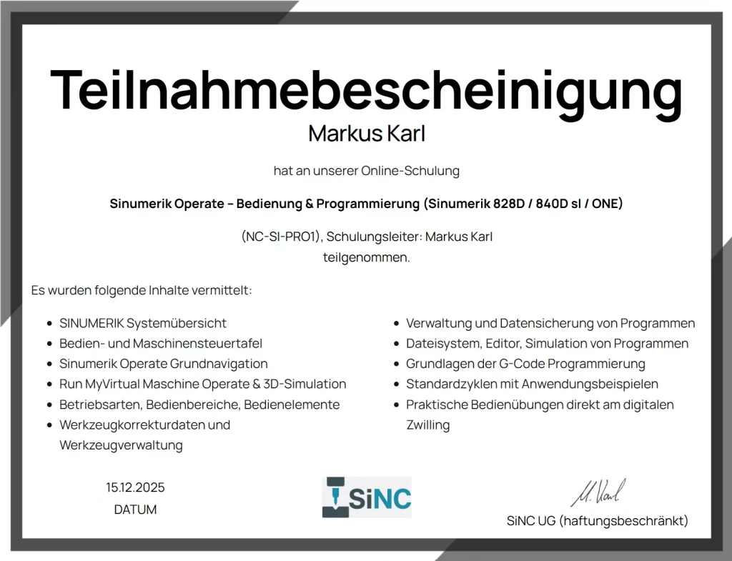 Muster Teilnahmebescheinigung der Schulungen