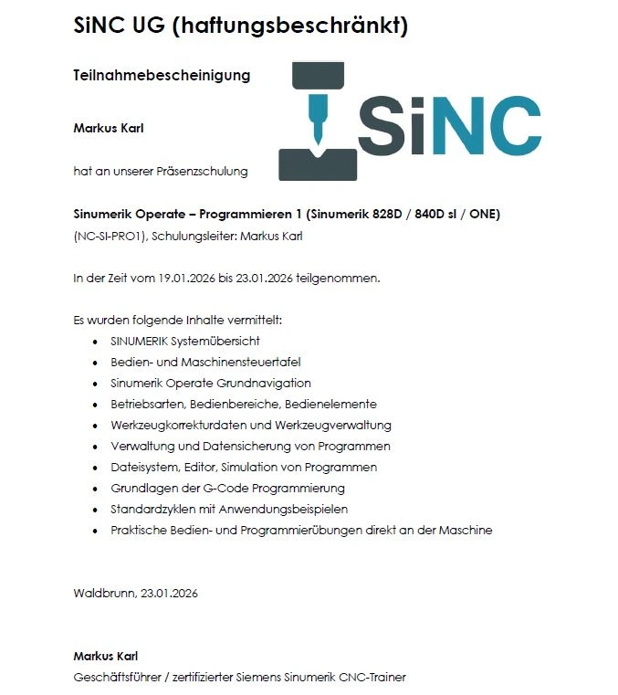Muster Teilnahmebescheinigung Sinumerik Inhouse Schulung - Programmieren 1