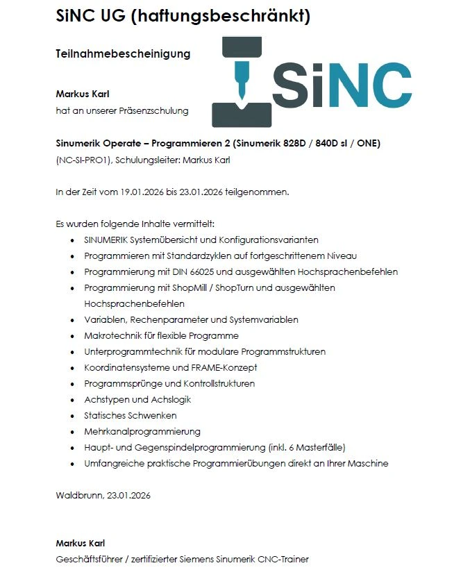 Muster Teilnahmebescheinigung Kurs CNC Programmierung - Programmieren 2
