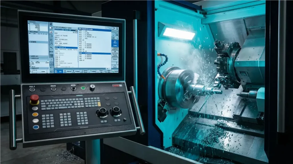 CNC-Drehmaschine mit Sinumerik ONE Steuerung bei der Metallbearbeitung – Kurs CNC-Programmierung nach DIN 66025