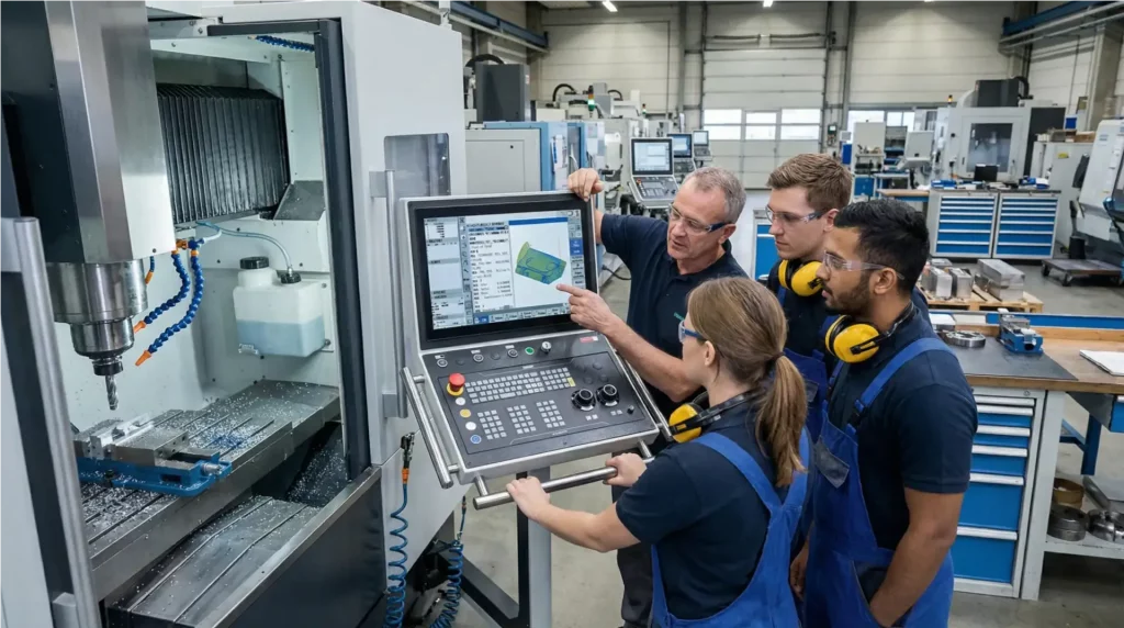 Fortgeschrittener CNC-Programmierkurs mit Trainer und Teilnehmern an einer Fräsmaschine mit Sinumerik Steuerung – Hands-on Training in der Fertigung