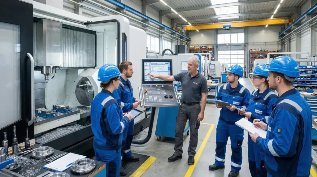 Inhouse Siemens Schulung mit Expertentrainer und Mitarbeitergruppe an einer 5-Achs-Fräsmaschine mit Sinumerik Steuerung in einer Produktionshalle