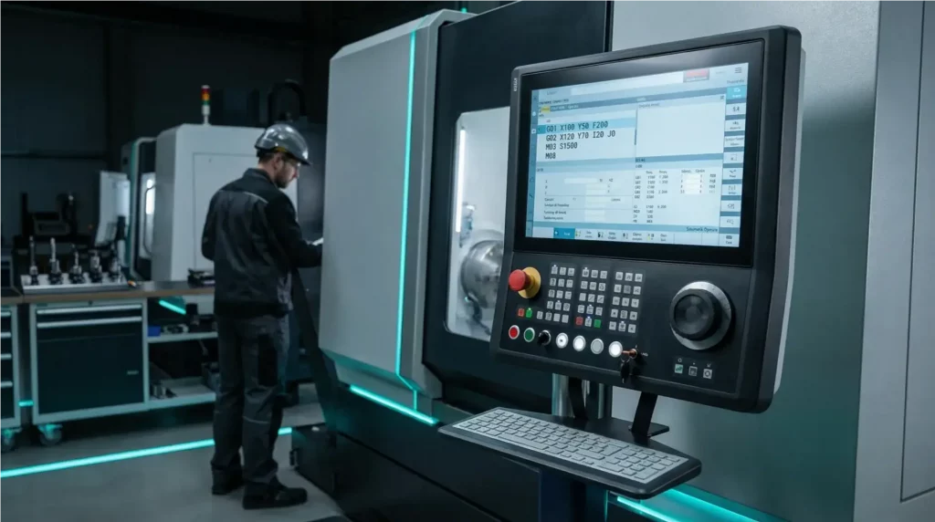 Sinumerik ONE Bedienfeld mit G-Code Programmierung in einer modernen CNC-Werkstatt – Weiterbildung CNC-Programmierung