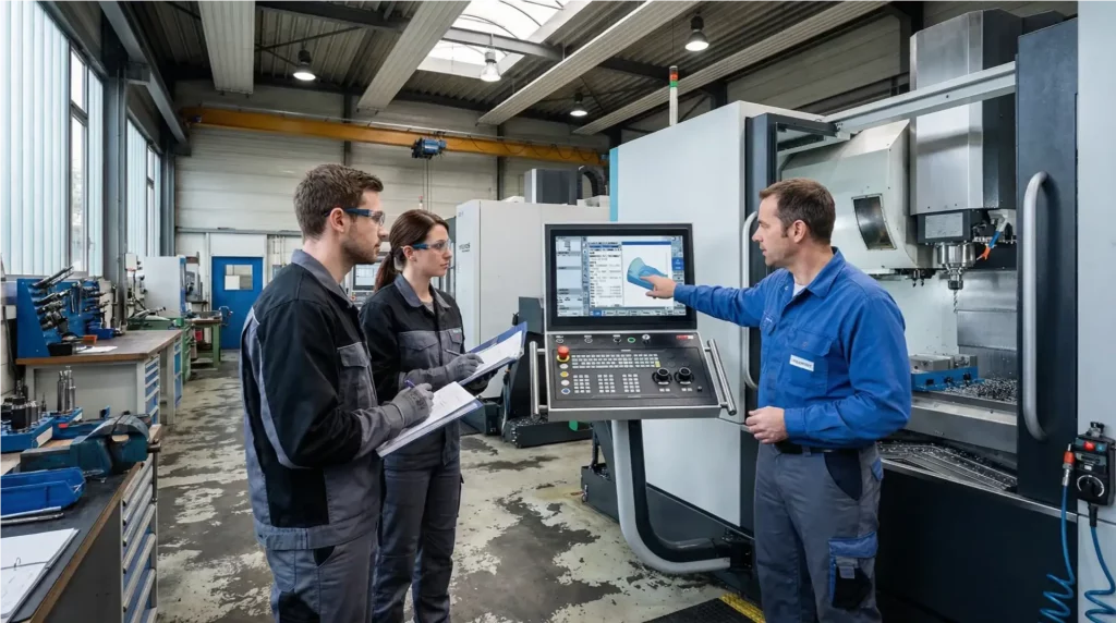 CNC-Trainer erklärt zwei Teilnehmern die Sinumerik Steuerung an einer Fräsmaschine in einer Industriehalle – Weiterbildung CNC Programmierer