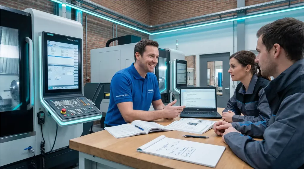 Siemens-zertifizierter CNC Trainer beantwortet Fragen im Sinumerik FAQ – Beratungsgespräch an einer CNC-Maschine zu der Sinumerik Programmierung